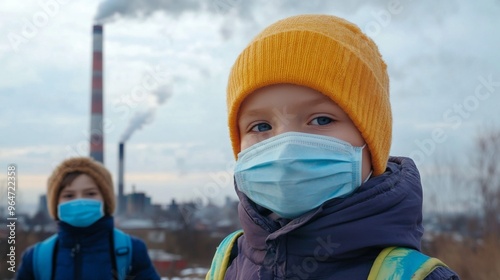 Children in Masks Against Industrial Background