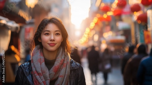 Woman in City Street with Lanterns