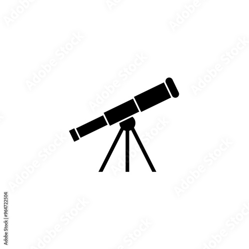 Black telescope vector icon for astronomy and space exploration.