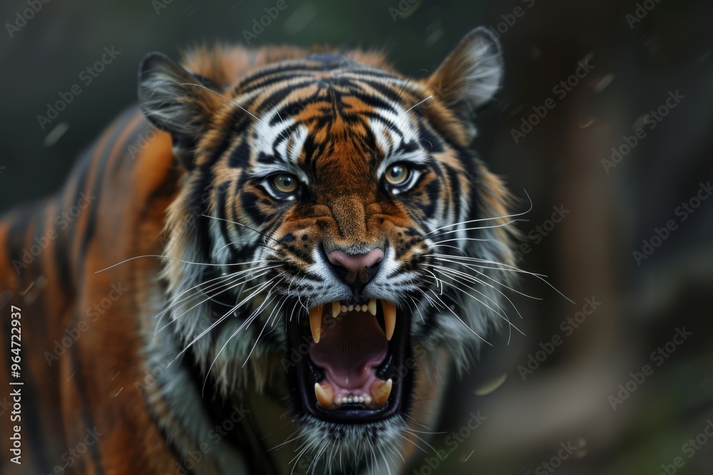 Fototapeta premium The mighty Bengal tiger stands its ground, eyes sharp and fierce, its powerful roar echoing through the foggy jungle. Wildlife thrives in this enchanting habitat