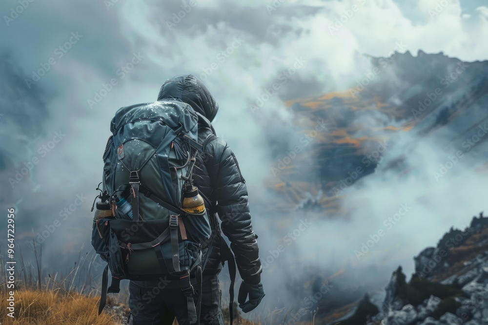 Obraz premium A lone adventurer gazes into the breathtaking wilderness, surrounded by ethereal fog and majestic mountains. The atmosphere is charged with untamed beauty and exploration