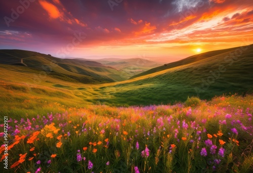 stunning vibrant fields sunrise rolling hills background creating breathtaking landscape scene, nature, color, scenery, sky, clouds, light, green, yellow