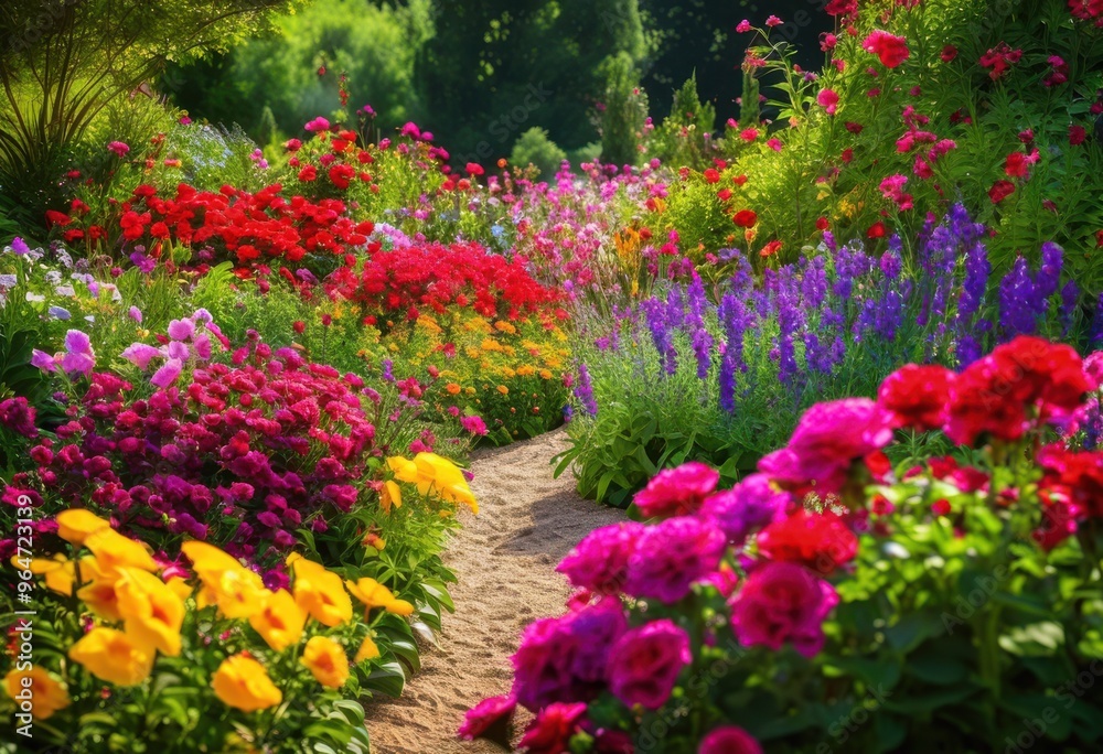 vibrant garden beds overflowing colorful blooming flowers lush landscape full life beauty, plants, petals, blossoms, greenery, soil, sunshine, growth vibrant garden beds overflowing colorful blooming flowers lush landscape full life beauty, plants, petals, blossoms, greenery, soil, sunshine, growth