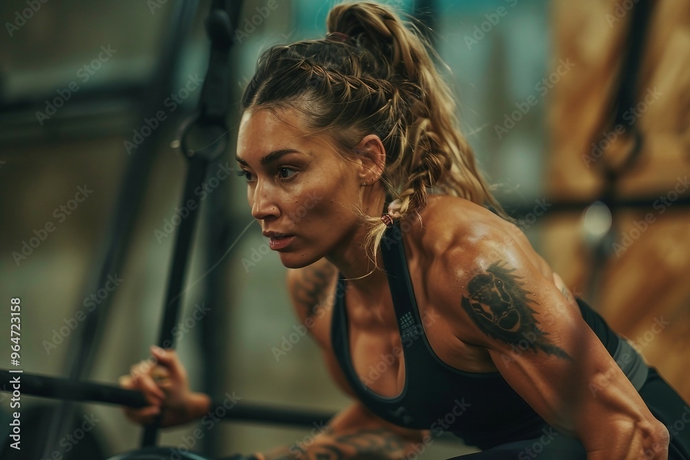 Obraz premium a woman doing a squat with a barbell