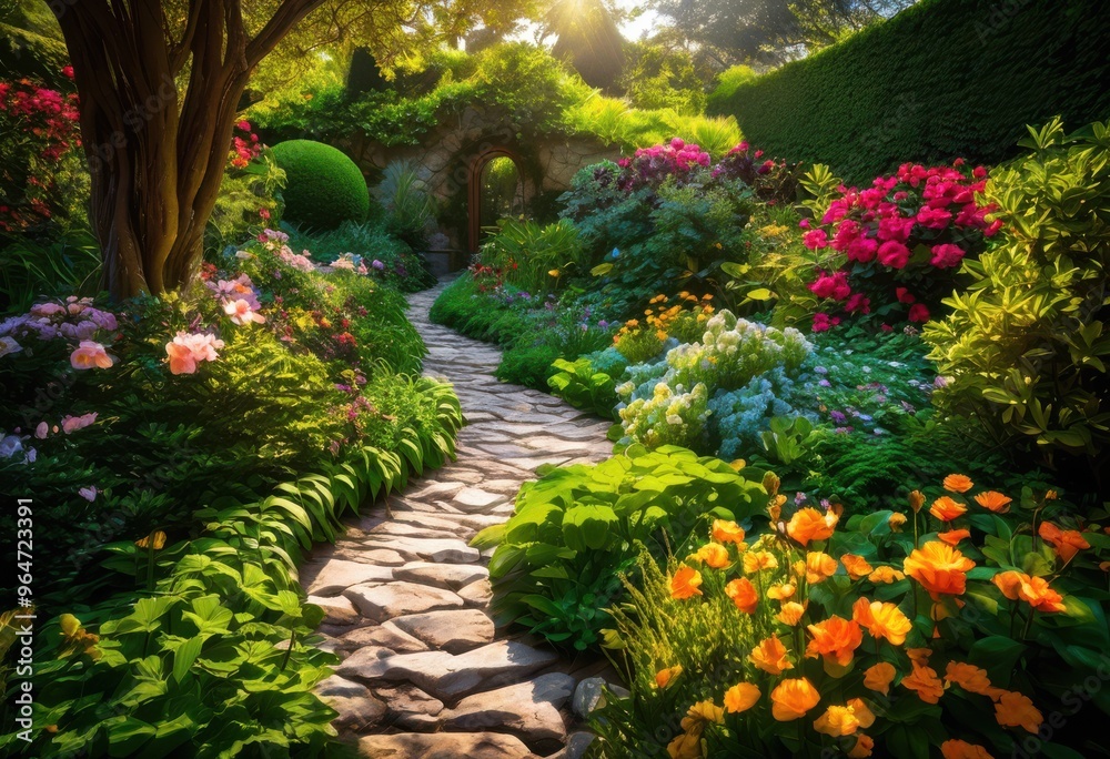 Obraz premium vibrant garden pathways surrounded diverse plant life featuring colorful lush intricate path designs nature enthusiasts, flower, greenery, landscape