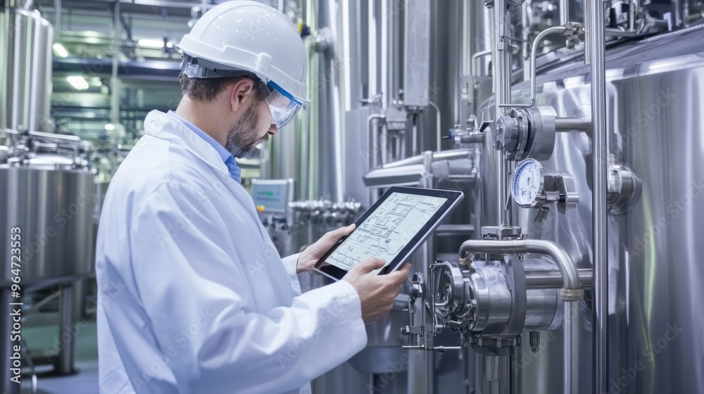 Industrial Worker Using Tablet in Manufacturing Facility Industrial Worker Using Tablet in Manufacturing Facility