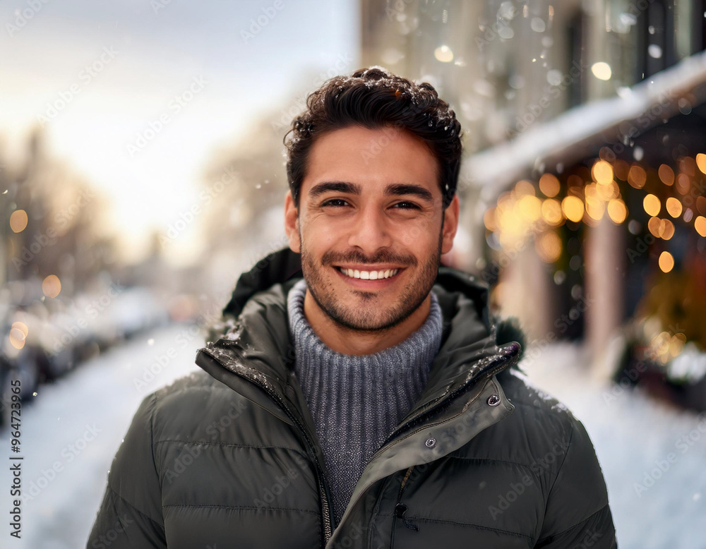 Winter Portrait of Happy Handsome Man Smiling Outdoors Winter Portrait of Happy Handsome Man Smiling Outdoors