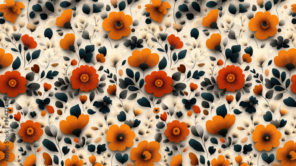 floral pattern with hand-drawn orange and cream flowers and dark green leaves on a neutral background. Elegant botanical design perfect for various applications. floral pattern with hand-drawn orange and cream flowers and dark green leaves on a neutral background. Elegant botanical design perfect for various applications.