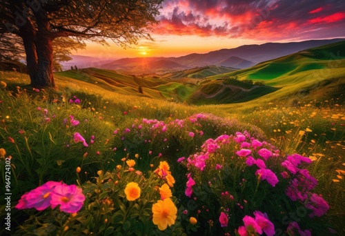 vibrant sunset over lush green hills surrounded colorful blossoming flowers creating stunning natural landscape, nature, sky, clouds, scenery, view, meadow