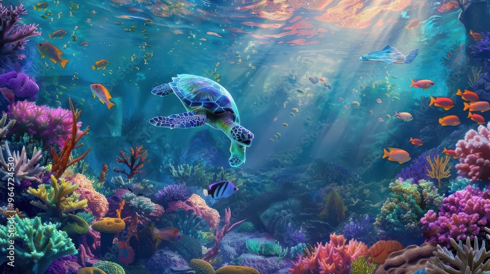 Fototapeta premium vibrant underwater coral reef with colorful fish and sea turtle thriving marine life aigenerated illustration