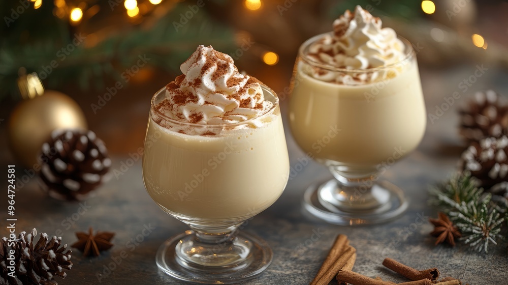 Two glasses of egg nog topped with cinnamon and whipped cream. Milk of the old man, Coquito, Creme de Vie, or Eierlikör.

