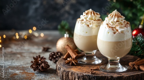 Two glasses of egg nog topped with cinnamon and whipped cream. Milk of the old man, Coquito, Creme de Vie, or Eierlikör.
