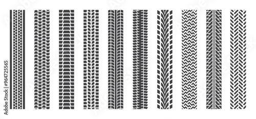 Tire track. Wheel tread pattern, car truck or tractor brand of motorcycle or bicycle. Black road print, soil. Vector motocross rally texture, automobile trace ornament isolated silhouette set