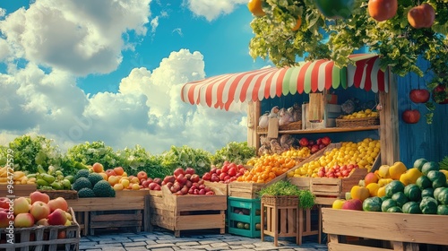 Apple-themed vegetable stand under a vivid blue sky, with fluffy clouds overhead, fresh vegetables and fruits displayed, a whimsical market setting photo