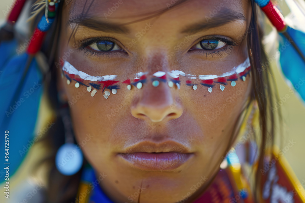 The dancer's expressive gaze captivates as she embodies the spirit of the powwow, showcasing intricate face paint and stunning traditional attire that honors her heritage The dancer's expressive gaze captivates as she embodies the spirit of the powwow, showcasing intricate face paint and stunning traditional attire that honors her heritage