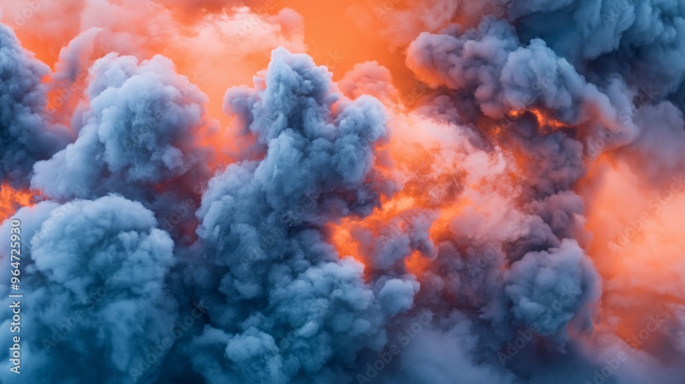 Vibrant orange and blue smoke clouds in dynamic abstract composition. Vibrant orange and blue smoke clouds in dynamic abstract composition.