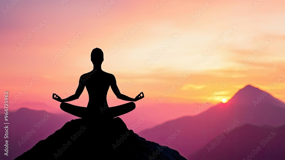 A balanced yoga pose on a mountain peak, with the backdrop of a sunset, illustrating physical and mental equilibrium A balanced yoga pose on a mountain peak, with the backdrop of a sunset, illustrating physical and mental equilibrium