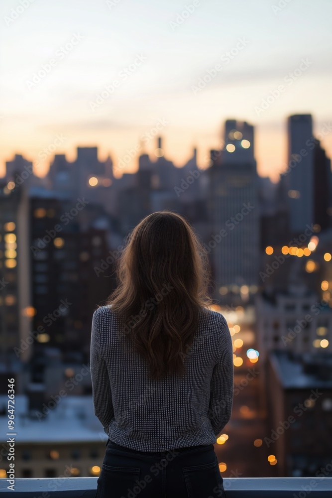 A woman stands on a rooftop looking out over a city at night. The city is lit up with lights, creating a warm and inviting atmosphere. The woman is lost in thought A woman stands on a rooftop looking out over a city at night. The city is lit up with lights, creating a warm and inviting atmosphere. The woman is lost in thought