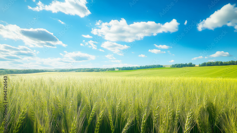 Golden wheat field under a clear blue sky with fluffy clouds near a forested landscape during the day Golden wheat field under a clear blue sky with fluffy clouds near a forested landscape during the day