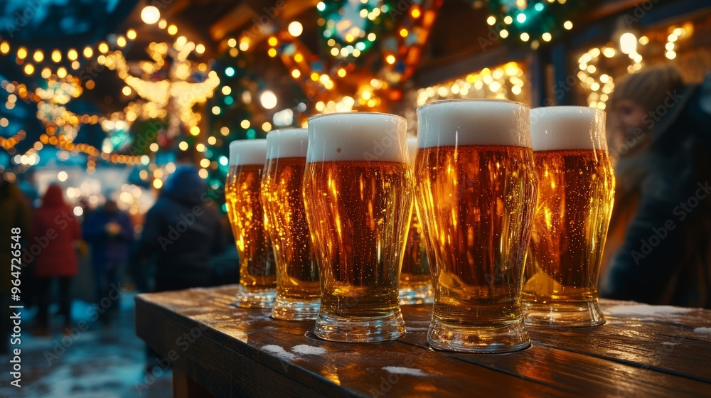 Glasses of beer on a wooden countertop at a christmas market, with festive lights and people in the background