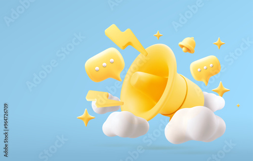 Megaphone with clouds, Bubble speech and stars. Marketing or advertising concept, 3d yellow megaphone. Realistic vector illustration