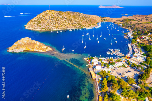 Fototapeta Naklejka Na Ścianę i Meble -  Aerial view of Gumusluk, Bodrum. Mugla, Turkey. Gumusluk Bay (Myndos) panoramic view. Drone shot.