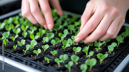 Obraz na płótnie Capturing the essence of agriculture, a gardener nurturing small potted plants in a greenhouse with care, promoting sustainable growth w salonie