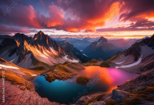 breathtaking sunrise over vast mountain summits surrounded dramatic clouds capturing majestic beauty, peak, sky, nature, landscape, view, scenery, horizon