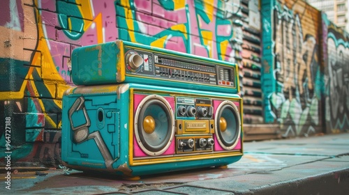 vintage boombox in vibrant colors placed in an urban setting with graffiticovered walls and neon accents photo