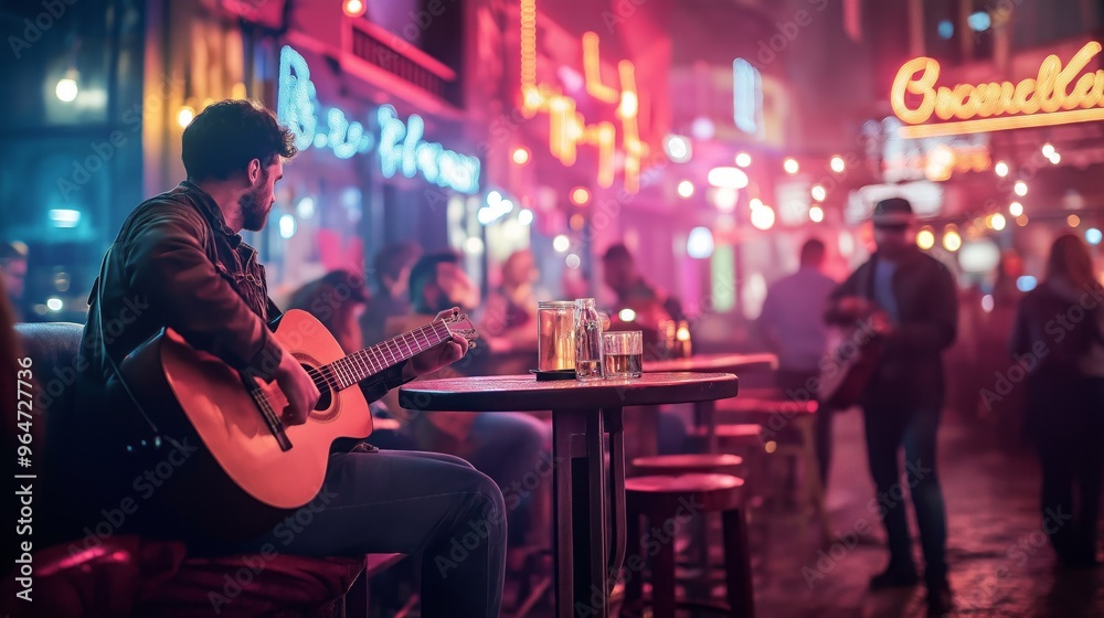 Guitarist performing in a vibrant neon-lit urban bar setting. Energetic nightlife atmosphere with live music. Guitarist performing in a vibrant neon-lit urban bar setting. Energetic nightlife atmosphere with live music.