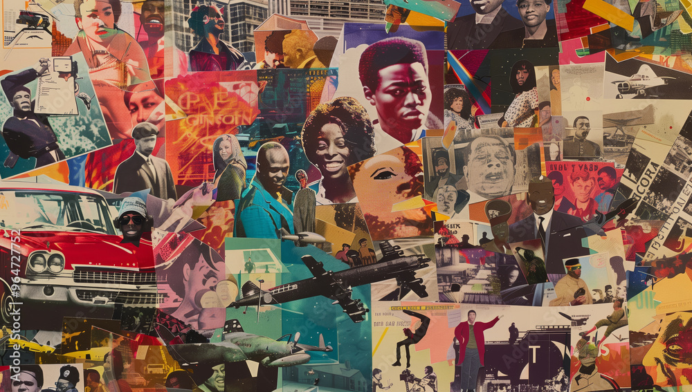Fototapeta premium Artistic collage combines images of iconic black figures in history, baseball players sports stars or meticulously drawn cars or planes in bold vibrant colors.
