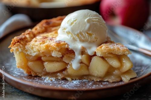 A close-up of a warm slice of Apple Betty, served on a rustic plate with a scoop of melting vanilla ice cream, the spiced apple filling oozing out 