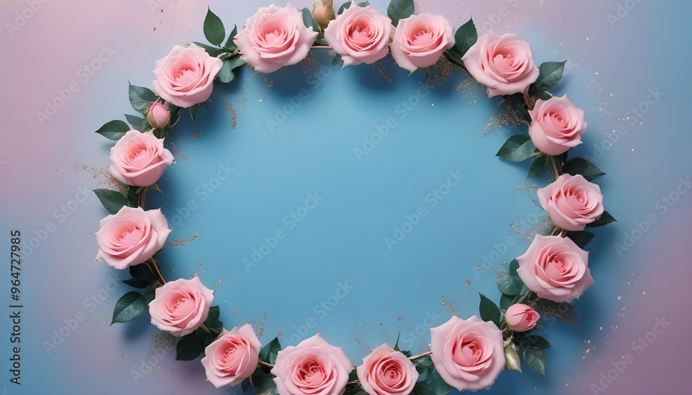 A pink circular frame with delicate pink roses arranged around the edges, set against a soft pink background A pink circular frame with delicate pink roses arranged around the edges, set against a soft pink background