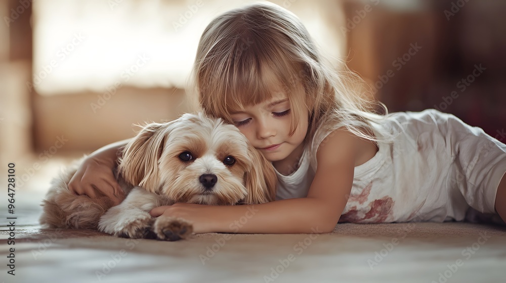 Child Sitting with a Pet: A child sitting on the floor, cuddling with their pet dog or cat.
Child Sitting with a Pet: A child sitting on the floor, cuddling with their pet dog or cat.