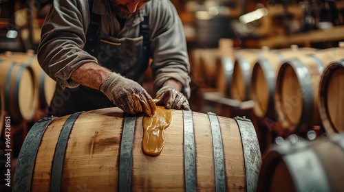  Worker applying resin to seal a wooden barrel in a distillery, ensuring it’s ready for aging whiskey, wine, or beer.