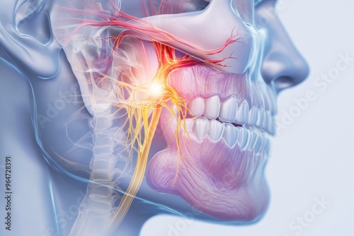 An illustration showing the trigeminal nerve with a highlighted area indicating pain, surrounded by educational text about trigeminal neuralgia symptoms and treatments 