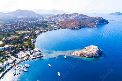 Aerial view of Gumusluk, Bodrum. Mugla, Turkey. Gumusluk Bay (Myndos) panoramic view. Drone shot. photo