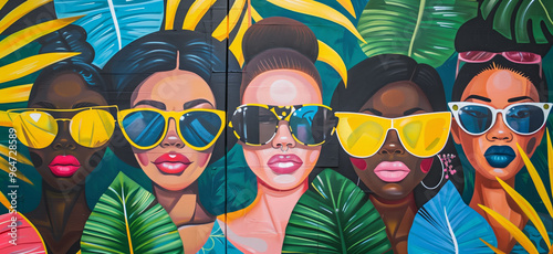Vibrant and colorful mural featuring three diverse women wearing sunglasses, each of the trio with their own unique hairstyle, against the backdrop of many tropical leaves,