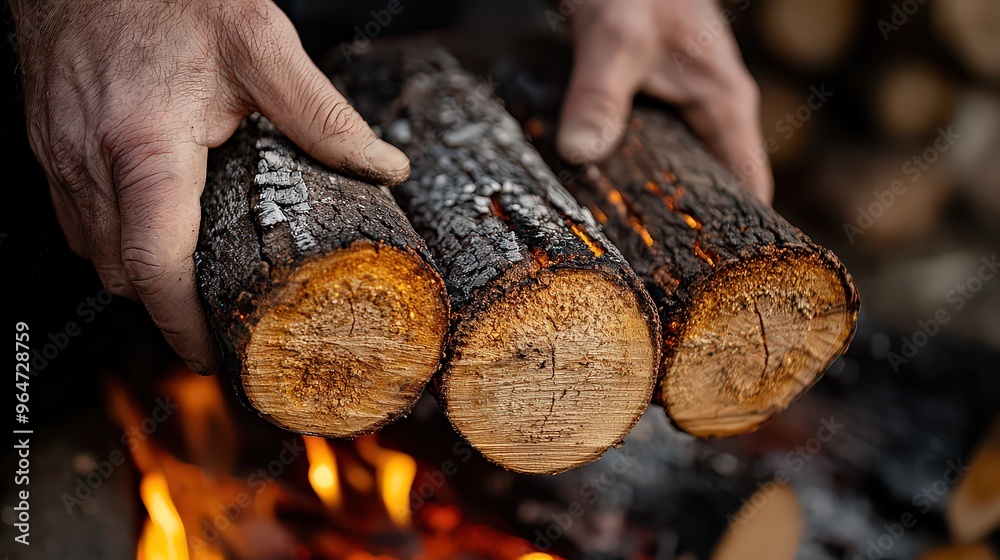 custom made wallpaper toronto digital Close-up of hands holding three logs, preparing to place them into a roaring fire. Symbolizes warmth, preparation, and comfort in cold weather.