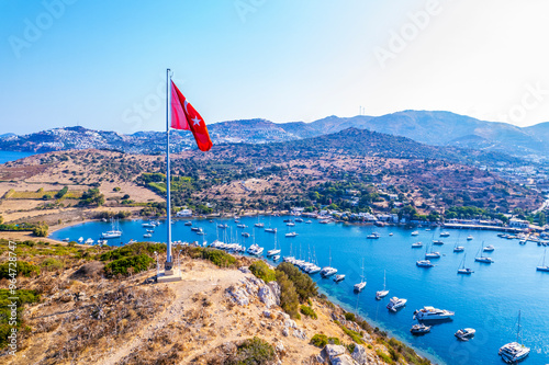 Fototapeta Naklejka Na Ścianę i Meble -  Aerial view of Gumusluk, Bodrum. Mugla, Turkey. Gumusluk Bay (Myndos) panoramic view. Drone shot.