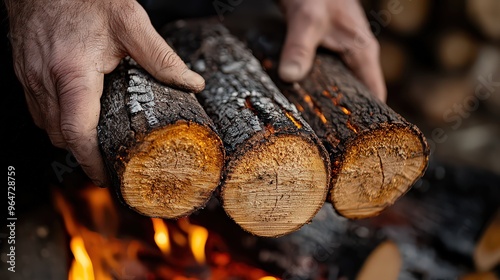 Wallpaper Mural  Close-up of hands holding three logs, preparing to place them into a roaring fire. Symbolizes warmth, preparation, and comfort in cold weather. Torontodigital.ca