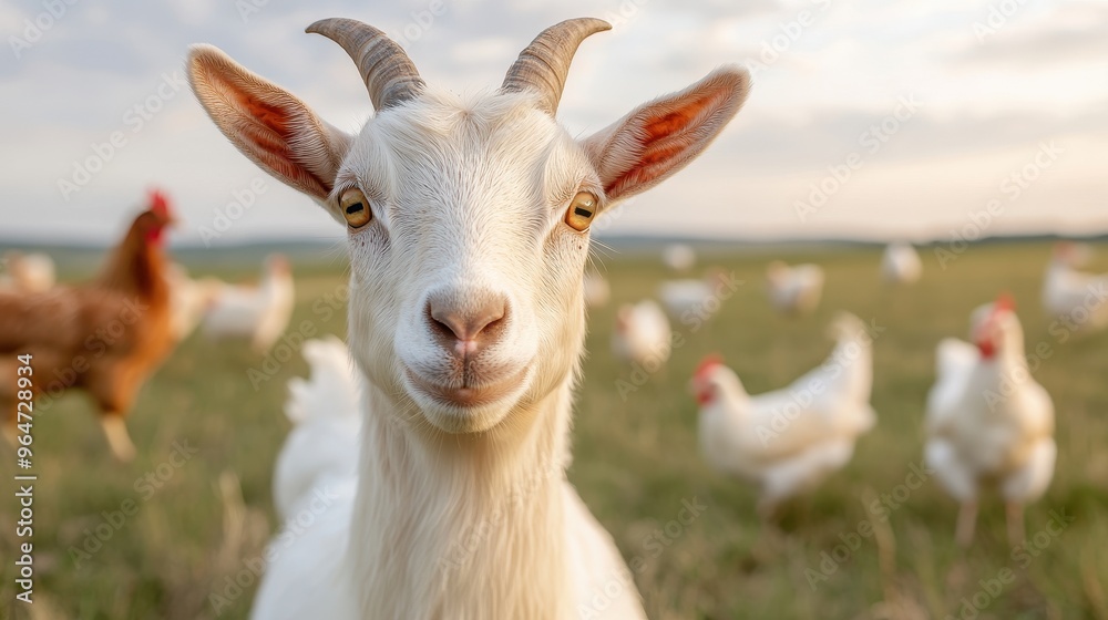 Fototapeta premium A goat is standing in a field with chickens