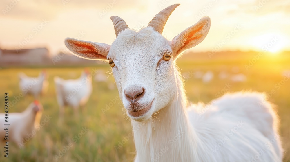 Fototapeta premium A goat with horns is standing in a field with other animals