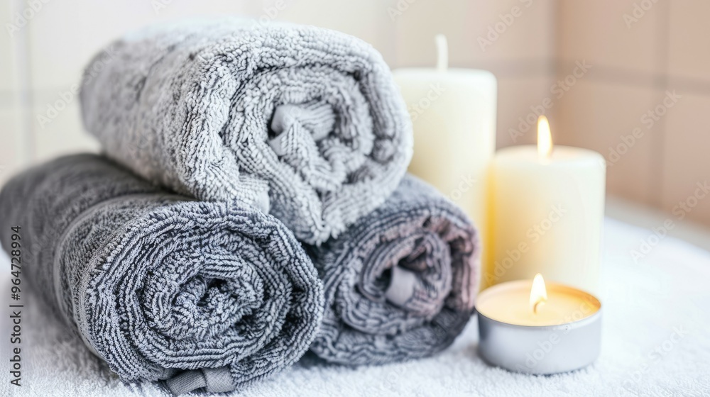 A light gray towel is rolled up on top of a white table