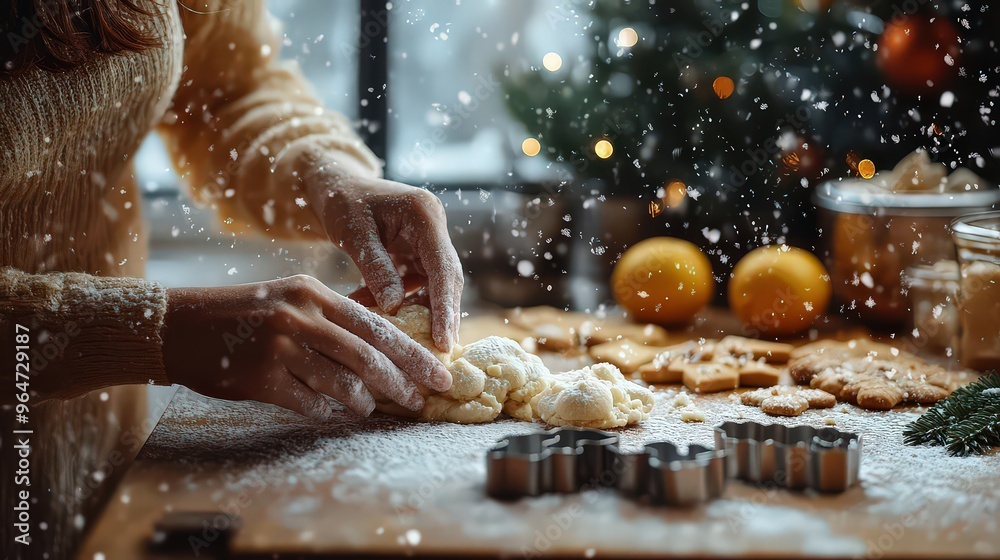 kitchen filled with holiday cheer, someone rolling out cookie dough with festive-shaped cookie cutters, and a gentle snowfall visible through the window. Cozy atmosphere with soft lighting kitchen filled with holiday cheer, someone rolling out cookie dough with festive-shaped cookie cutters, and a gentle snowfall visible through the window. Cozy atmosphere with soft lighting