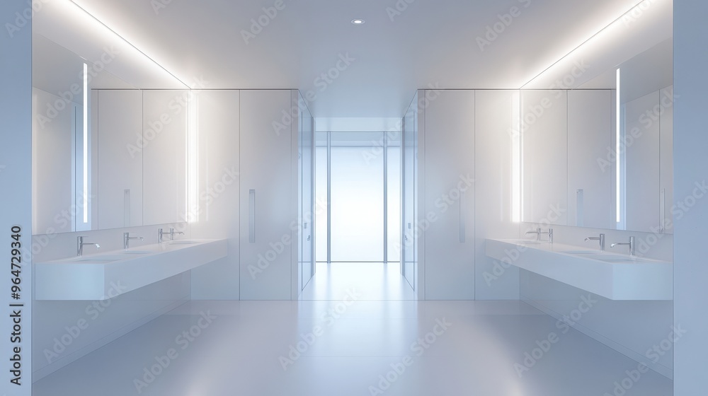 A large, empty bathroom with two sinks and a window