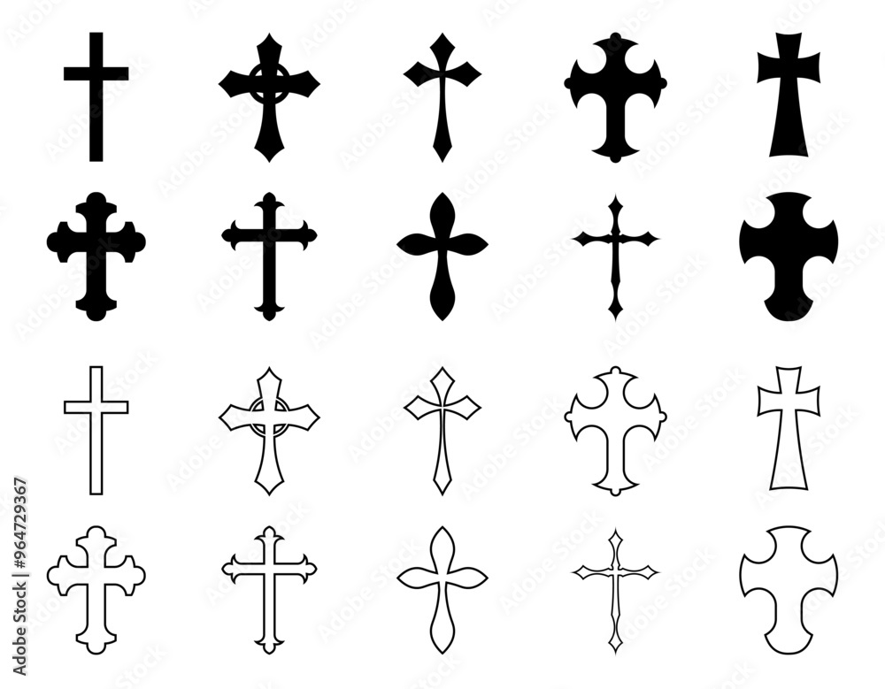 Christian cross. Catholic crucifix. Religious Jesus church logo. Biblical silhouette symbol. Holy death. Gravestone graphic sign. Gothic line pictogram. Abstract shapes. Vector icons set Christian cross. Catholic crucifix. Religious Jesus church logo. Biblical silhouette symbol. Holy death. Gravestone graphic sign. Gothic line pictogram. Abstract shapes. Vector icons set