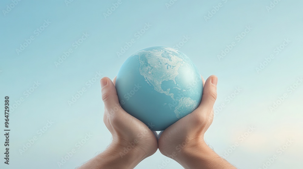 A blue globe is being held in a person's hand