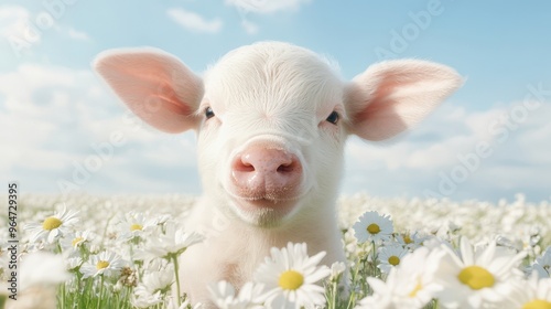 Wallpaper Mural A baby pig is standing in a field of flowers Torontodigital.ca