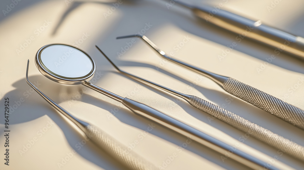 A set of dental instruments including a mirror and a probe A set of dental instruments including a mirror and a probe